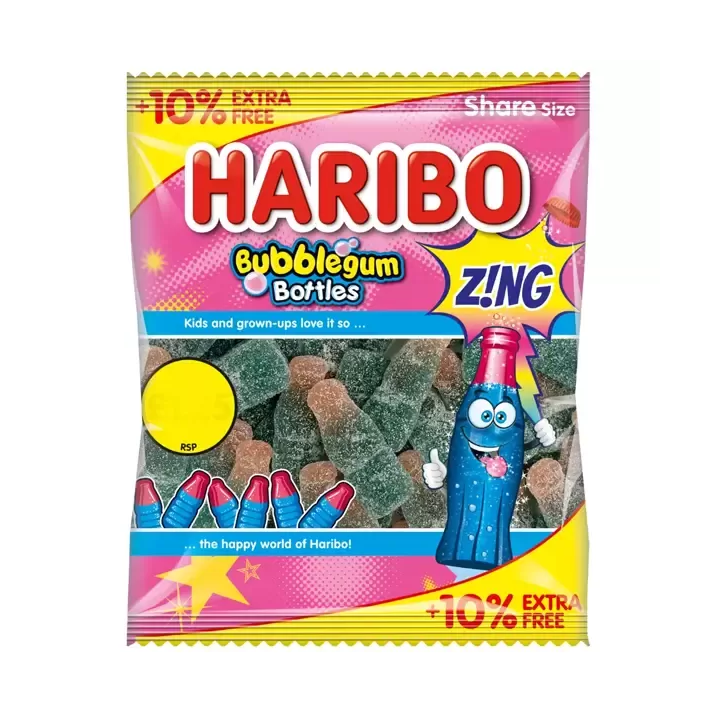 HARIBO Bubblegum Bottles Zing Jelly & Fizzy Sweets Share Size